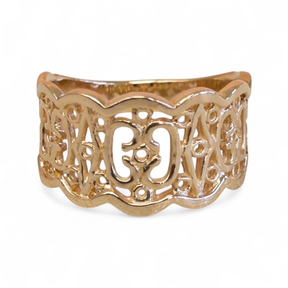 14K Yellow Gold Scalloped Filigree Band Ring, Size 7 — 4.30g - Picture 1 of 10